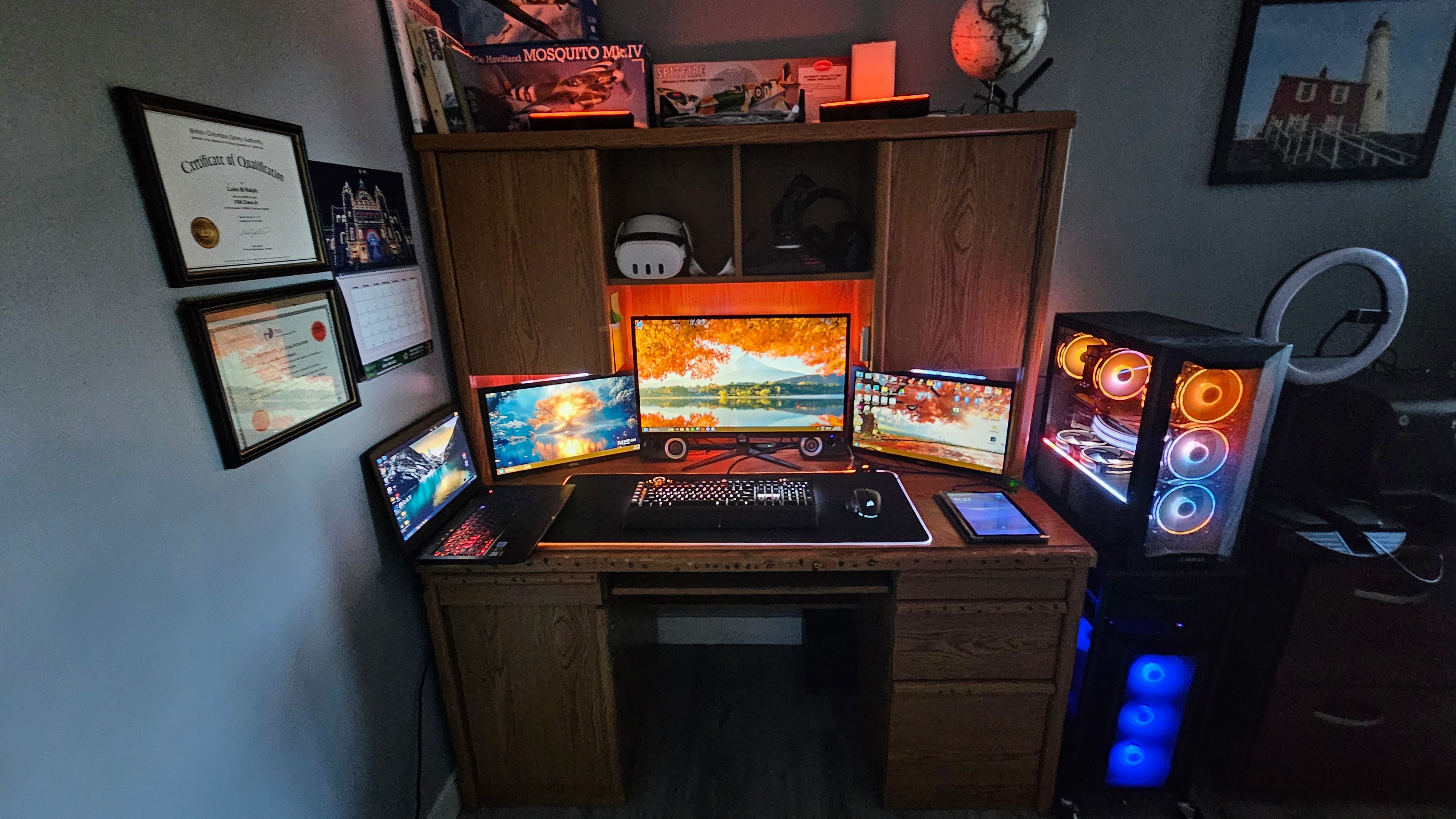 Full desk setup showing Luke-PC, Falcon server, and displays
